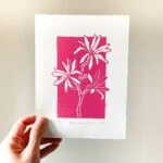 Star magnolia linocut print – fuchsia pink botanical art by Grace Wong
