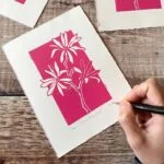 Star magnolia linocut print – fuchsia pink botanical art by Grace Wong