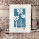 Cosmos flowers linocut print – october birth flower art by Grace Wong
