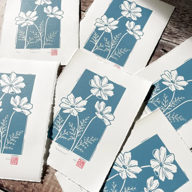 Cosmos flowers linocut print – october birth flower art by Grace Wong