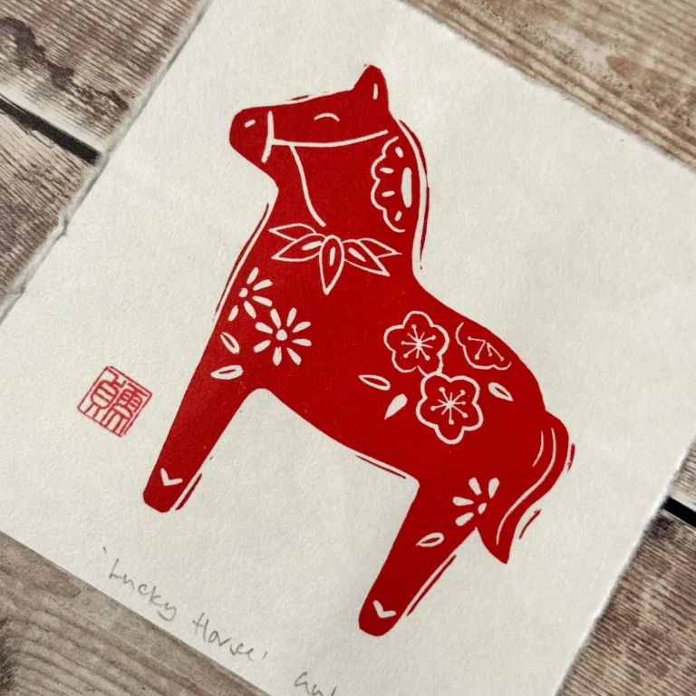Lucky horse linocut print – year of the horse 2026 wall art by Grace Wong