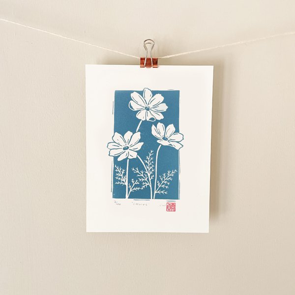 Cosmos flowers linocut print – october birth flower art by Grace Wong