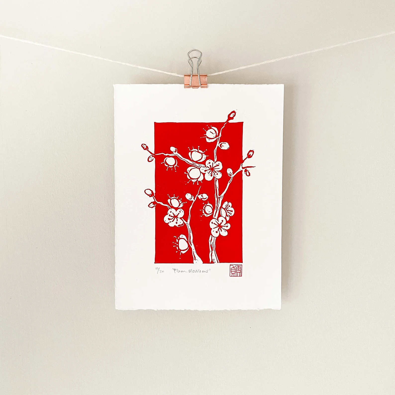 Plum blossom linocut print – botanical floral wall art by Grace Wong