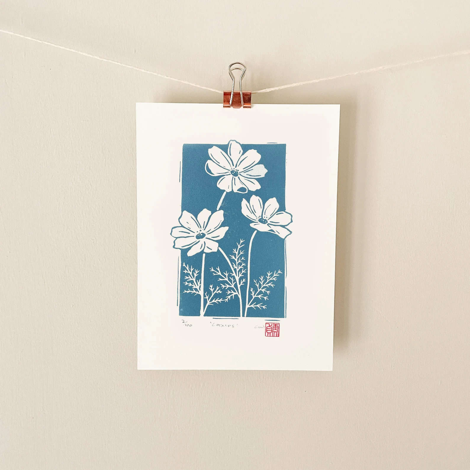 Cosmos flowers linocut print – october birth flower art by Grace Wong