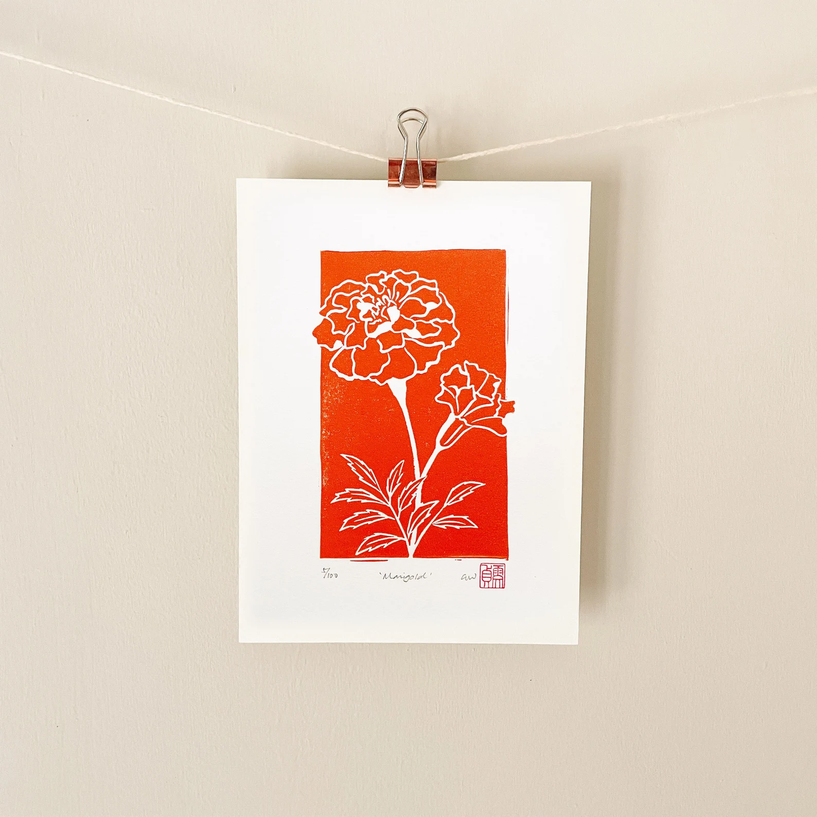 Marigold linocut print – october birth flower wall art by Grace Wong