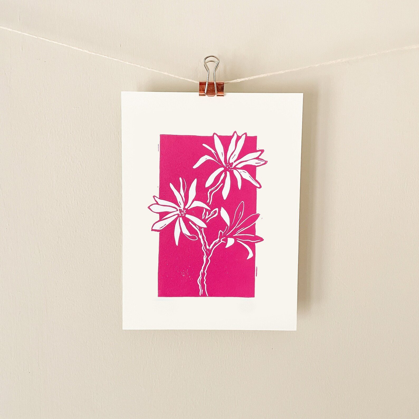 Star magnolia linocut print – fuchsia pink botanical art by Grace Wong
