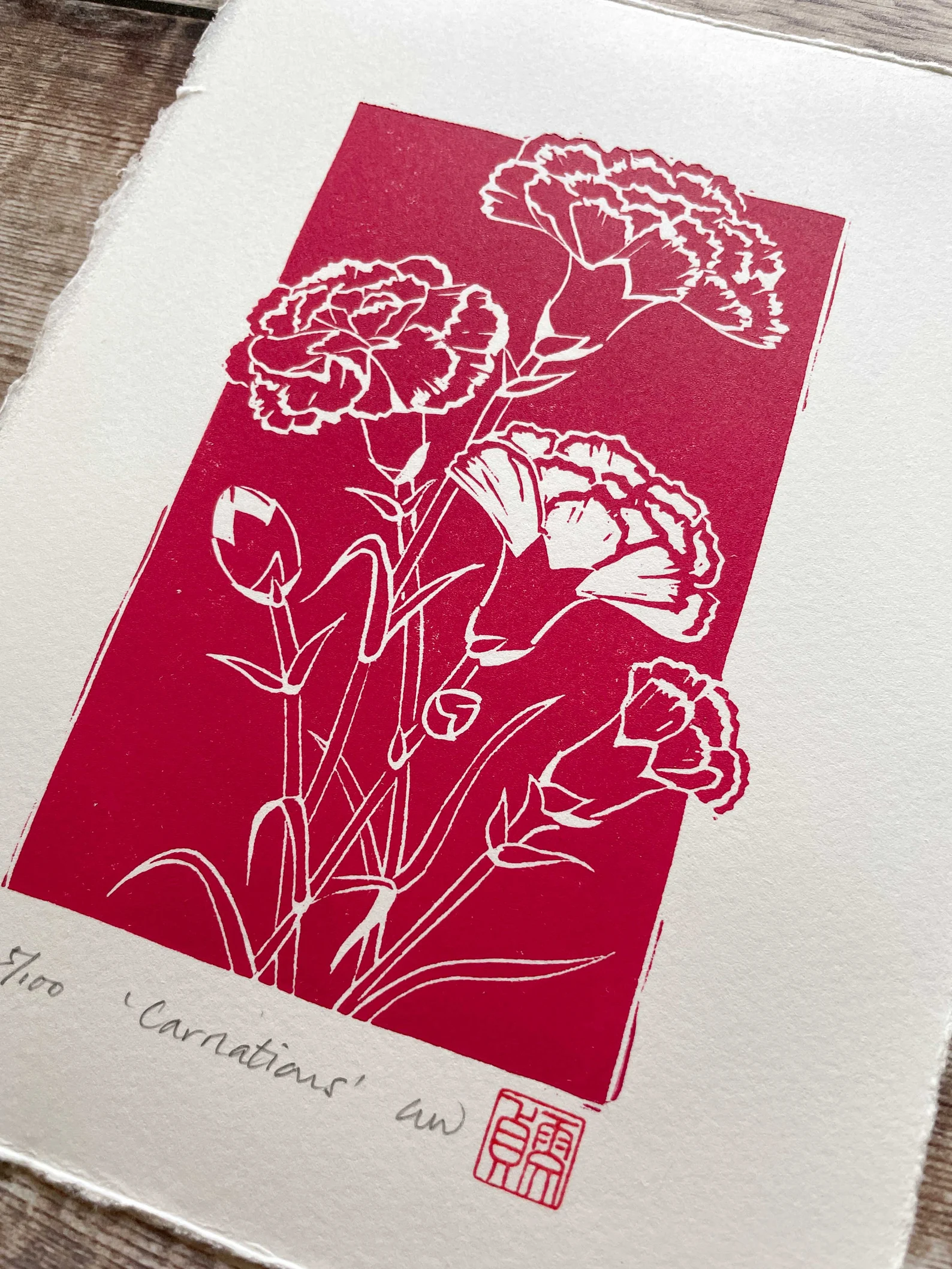 Carnations Linocut Print – January Birth Flower Wall Art - Image 4