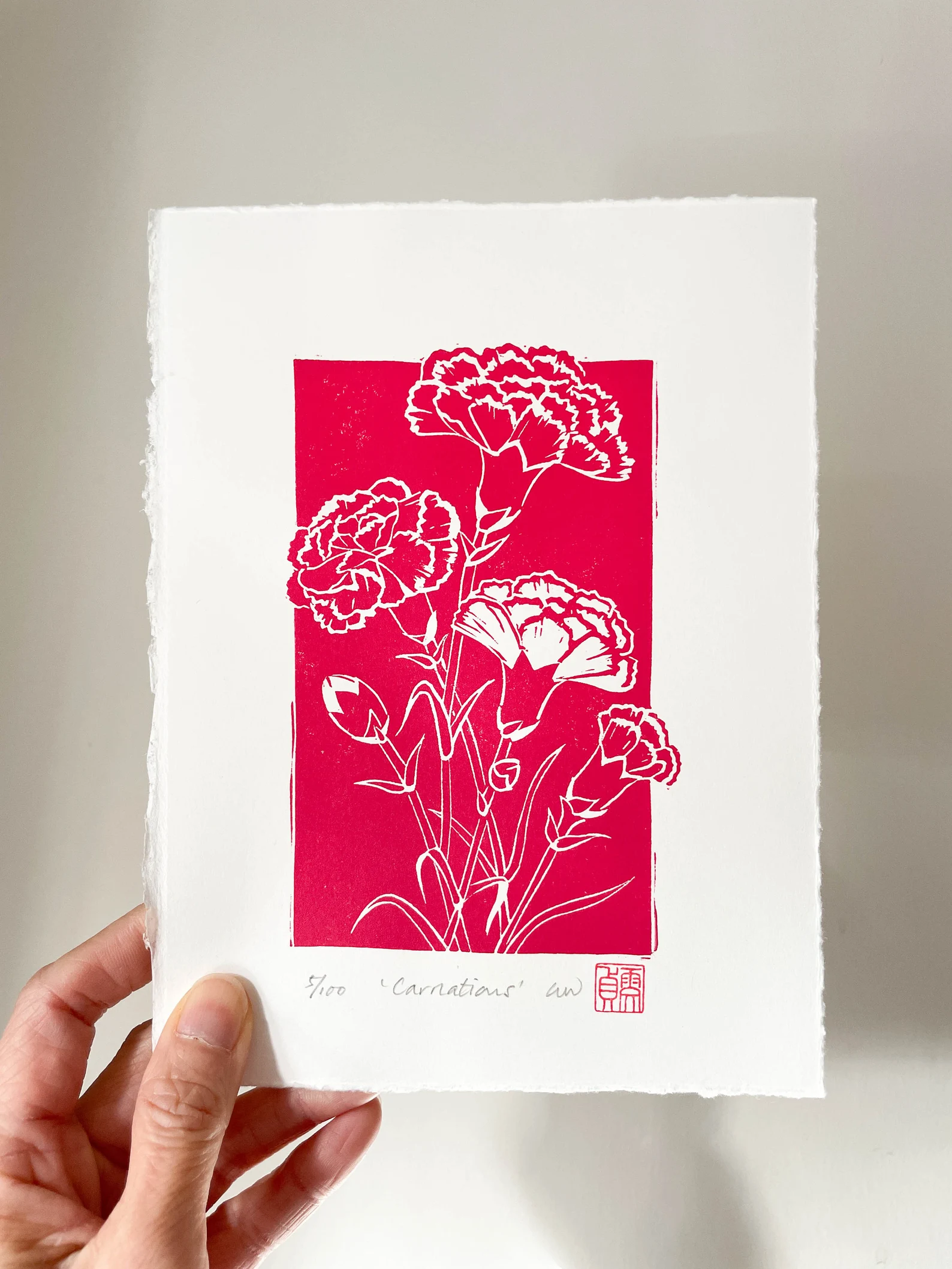 Carnations Linocut Print – January Birth Flower Wall Art - Image 2