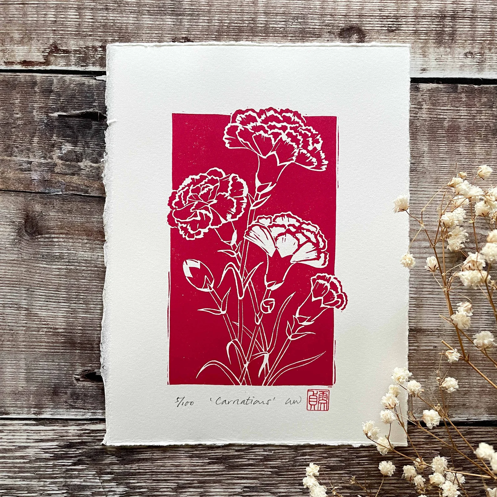 Carnations Linocut Print – January Birth Flower Wall Art - Image 6