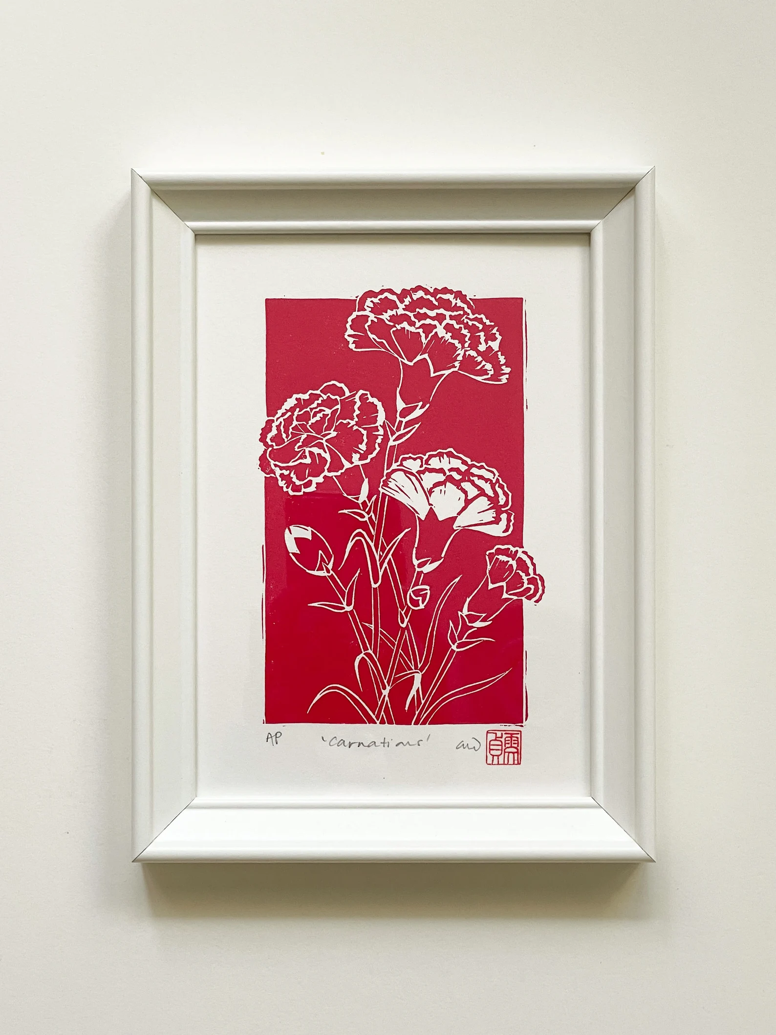 Carnations Linocut Print – January Birth Flower Wall Art - Image 3