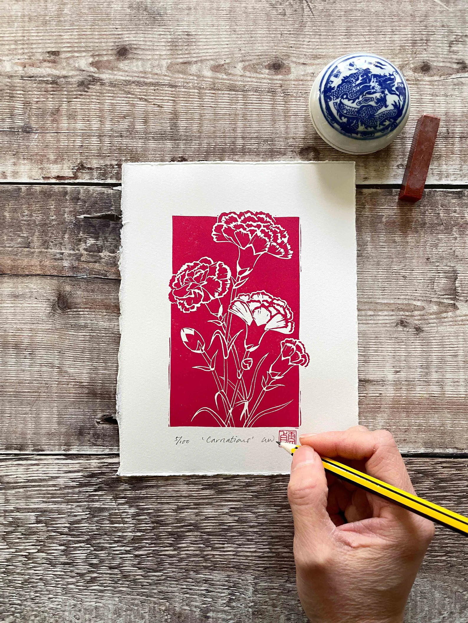 Carnations Linocut Print – January Birth Flower Wall Art - Image 5