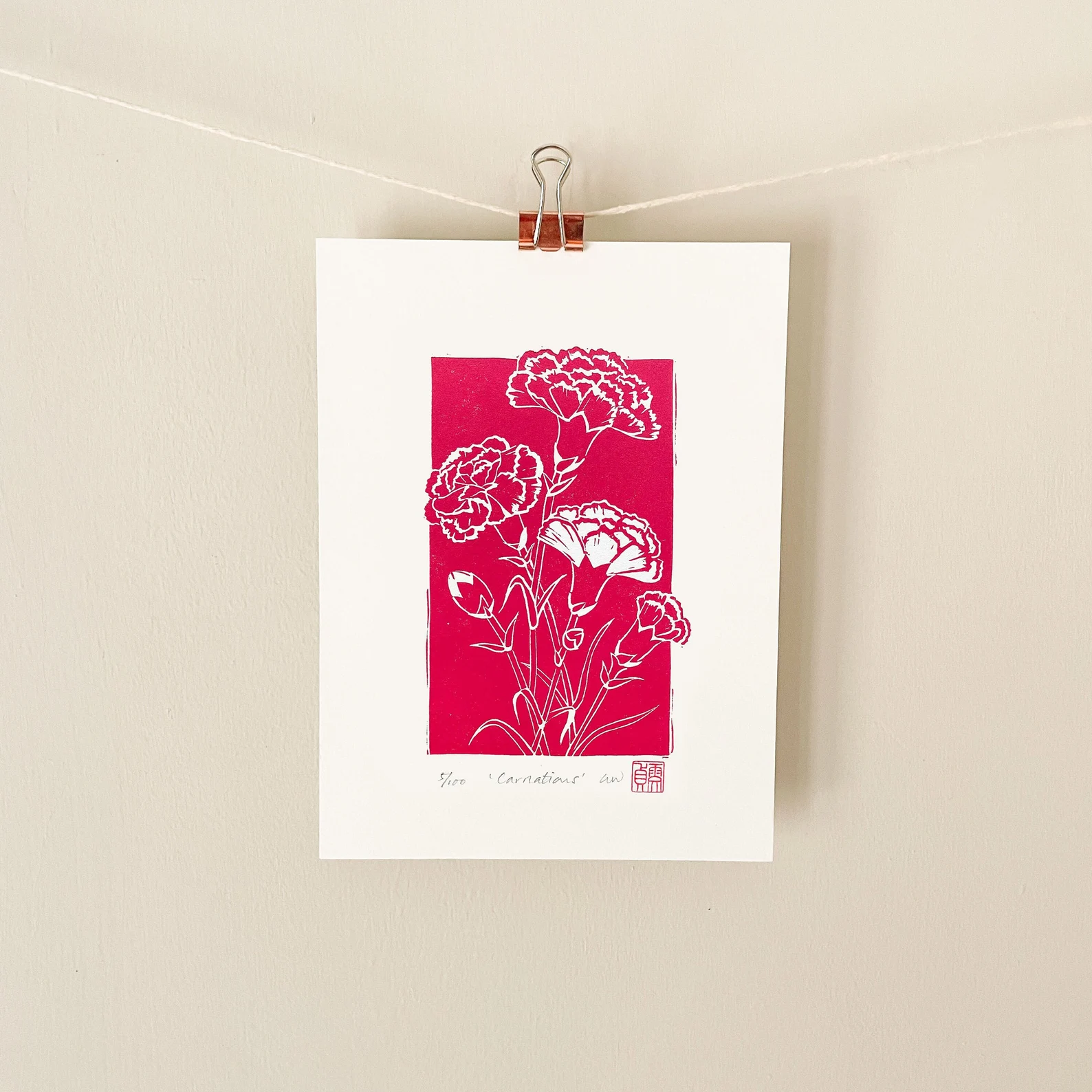 Carnations Linocut Print – January Birth Flower Wall Art