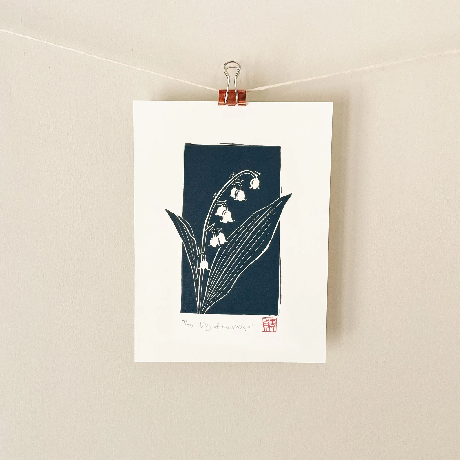 Lily of the Valley linocut print – botanical floral wall art by Grace Wong