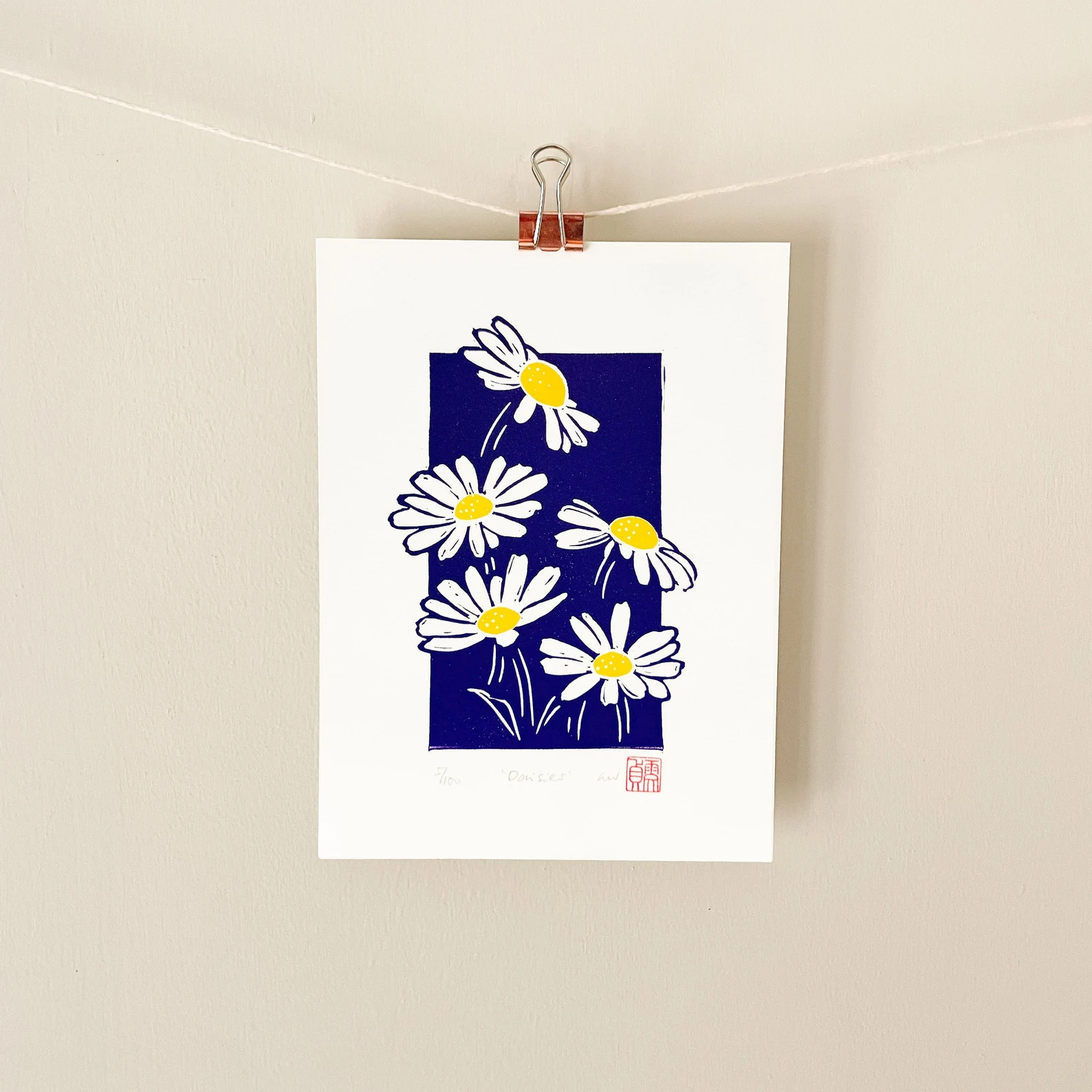 Daisies linocut print – april birth flower wall art by Grace Wong