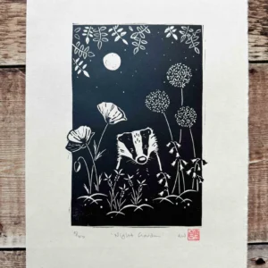 Night Garden Badger Linocut Print – Payne's Grey Wildlife Art