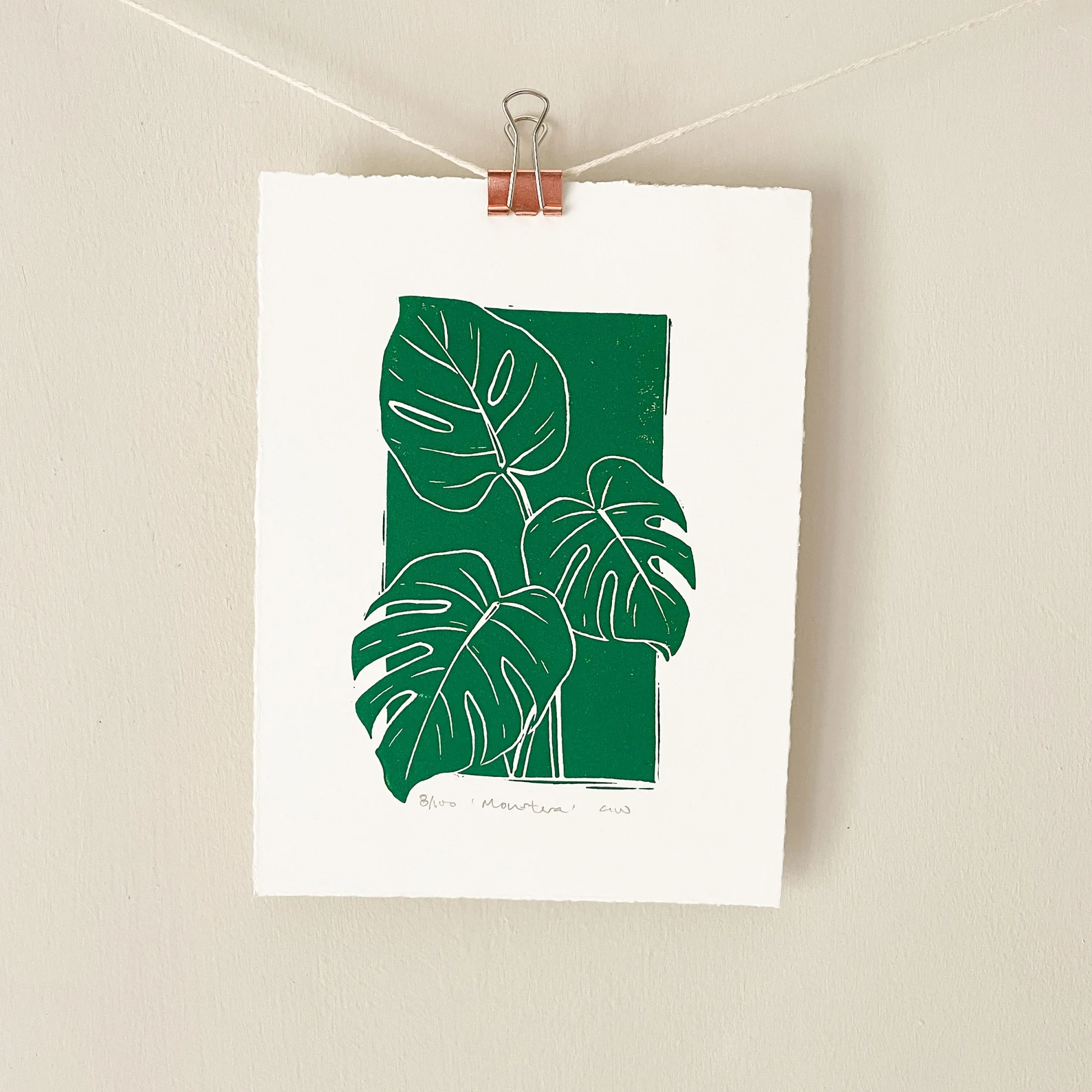 Monstera linocut print – swiss cheese plant wall art by Grace Wong