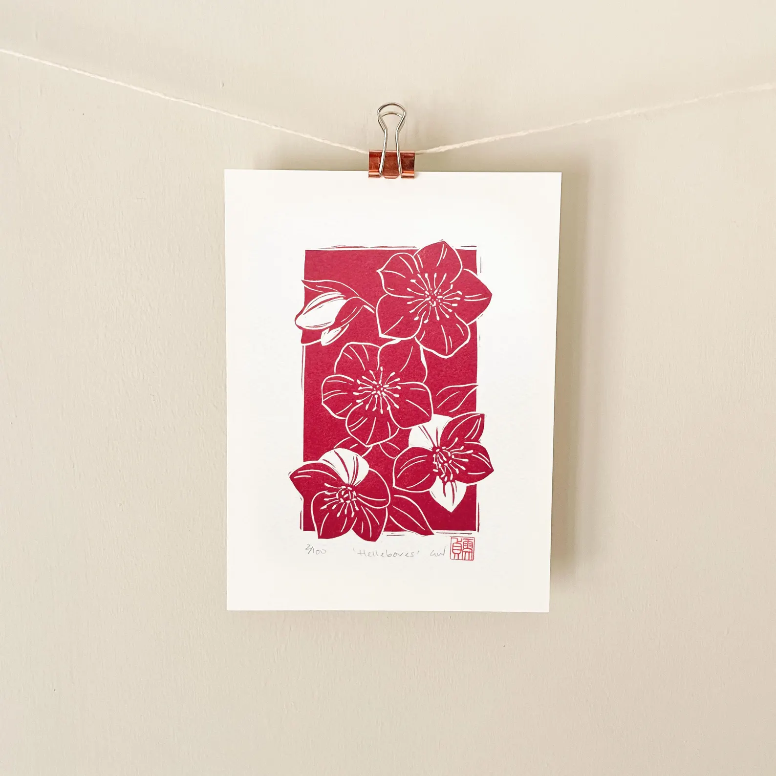 Hellebores linocut print – rose pink botanical art by Grace Wong