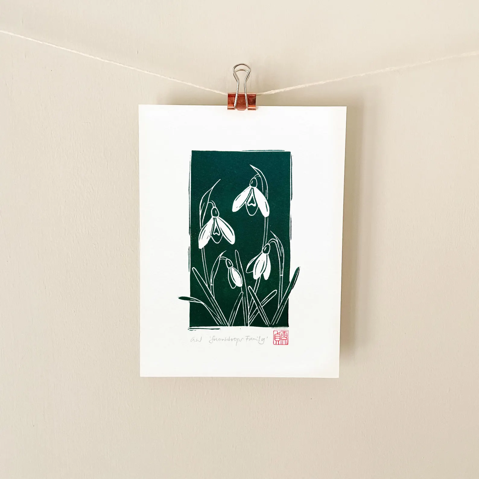 Snowdrop Linocut Print – January Birth Flower Wall Art