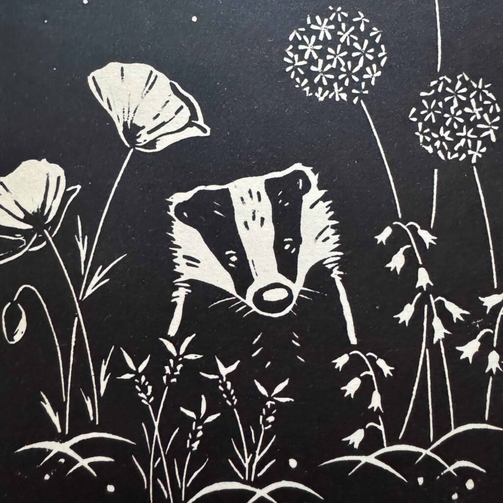 Lino Cut Block with a badger and floiage