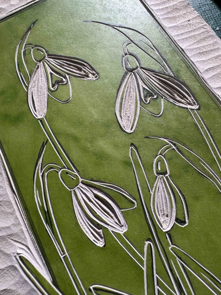 Lino Block carved with snowdrops