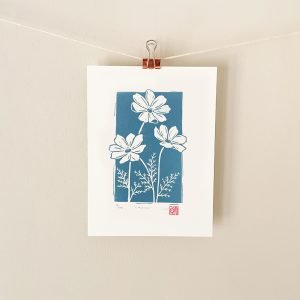 Cosmos flowers linocut print – october birth flower art by Grace Wong